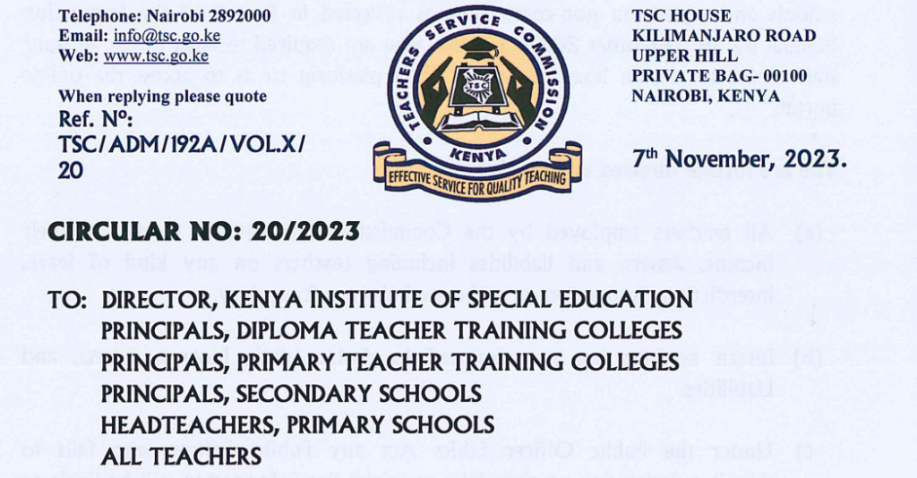 TSC latest circular to all teachers dated 7th November 2023