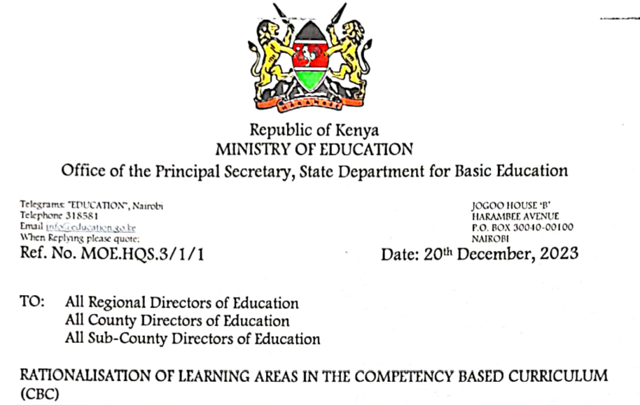 Ministry reduces, publishes list of new subjects for CBC grade learners