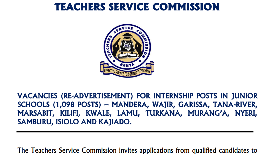 TSC advert for JSS intern teaching jobs Dec. 2023 deadline 15th Dec.