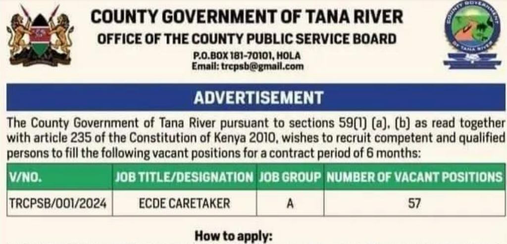 Tana River advertises 57 ECDE teaching jobs how to apply by 30th January