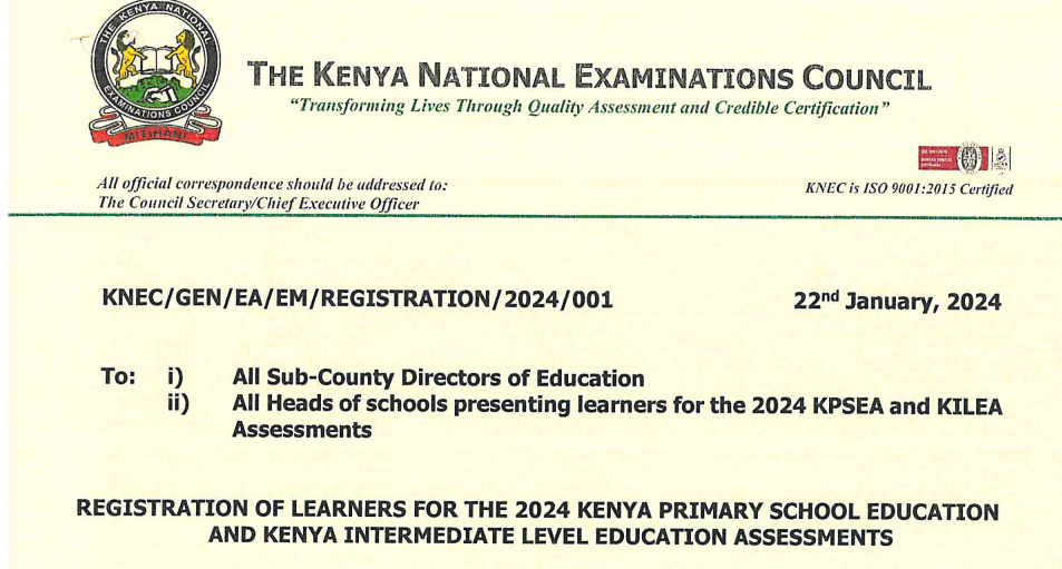 Knec circular guiding registration of learners for 2024 KPSEA and KILEA exams