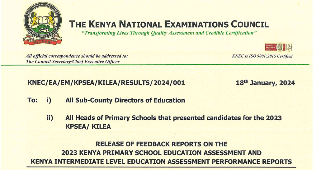 Knec circular to schools on KPSEA 2023 results and missing results