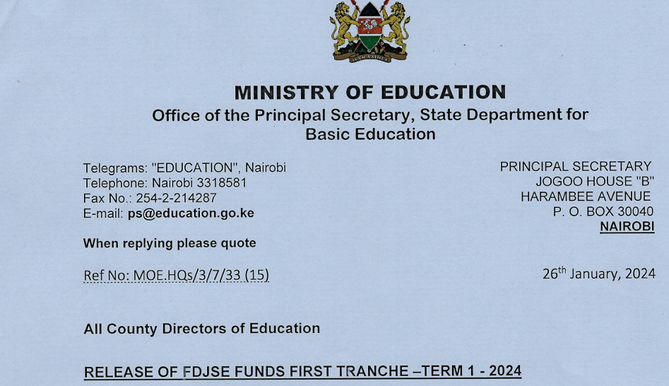 Ministry 2024 circular on released term 1 junior school funds (FDJSE)