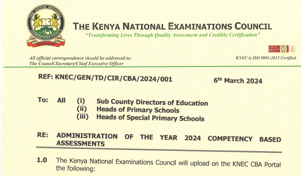 Knec circular guiding assessment of Grade 3,4,5 in second term 2024