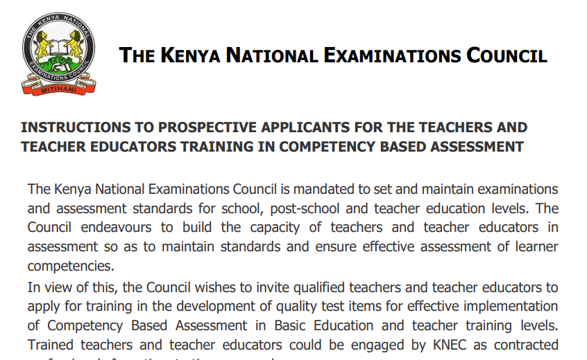 Knec instructions and requirements for training teachers on CBA