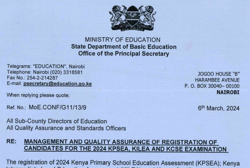 Ministry circular on management of 2024 KPSEA, KILEA and KCSE exams