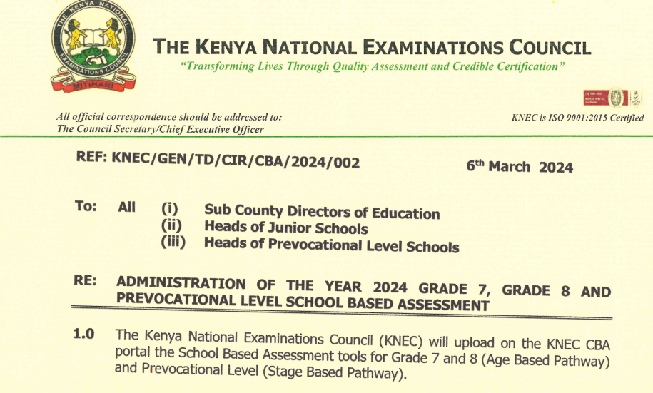 Knec circular on 2024 assessment of Grades 7 and 8 in term 2