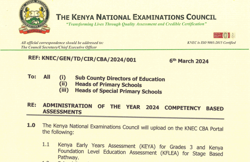 Knec 2024 circular guiding CBC assessments for Grades 3, 4 and 5