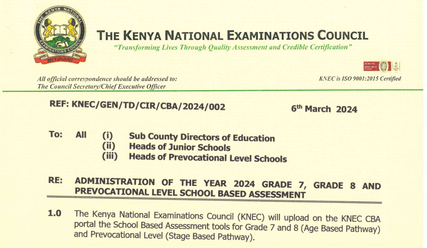 Knec circular guiding 2024 CBC assessment for Grade 7 and 8 learners