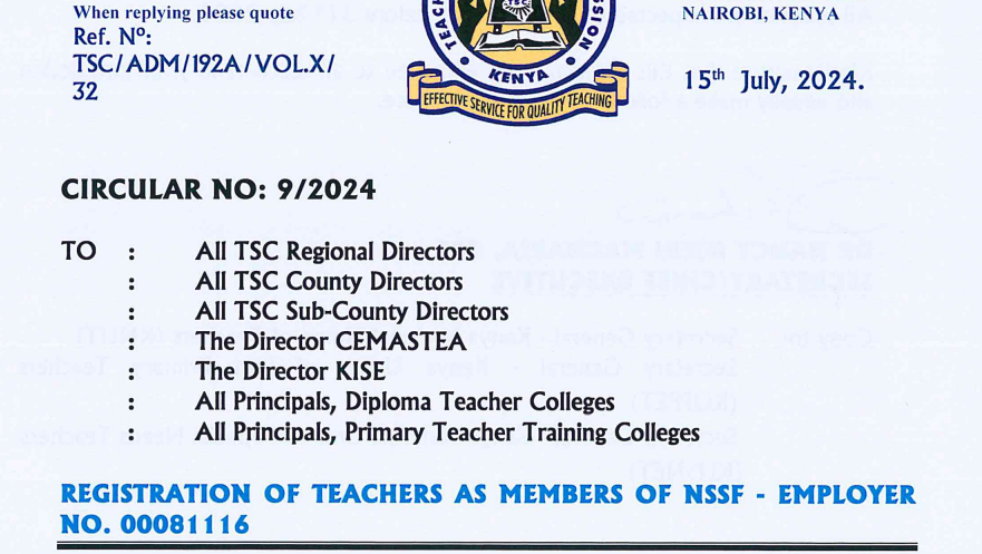 TSC asks teachers to register for NSSF by end of July (Circular)