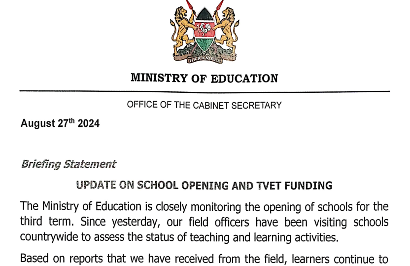 Ministry statement on reopening schools and TVETs