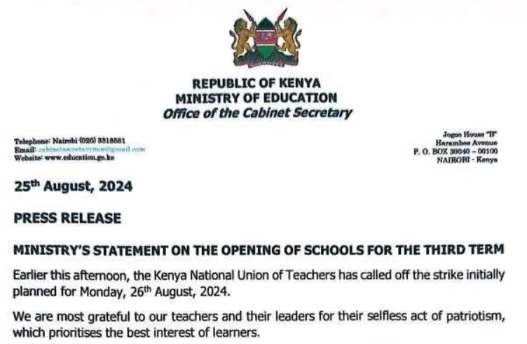 Ministry statement on reopening of schools for the third term