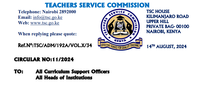 TSC latest circular addressed to all CSO's and Headteachers (14/8/2024)