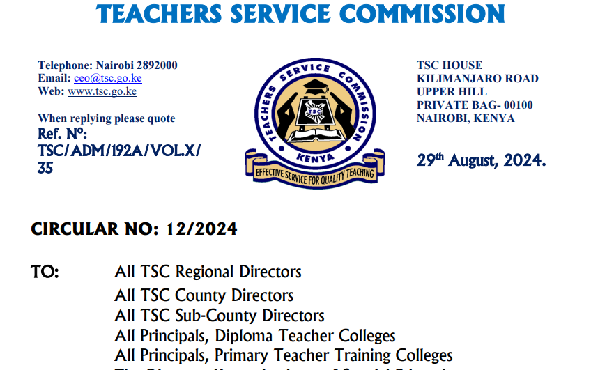 TSC circular on new teachers salaries and allowances August 2024