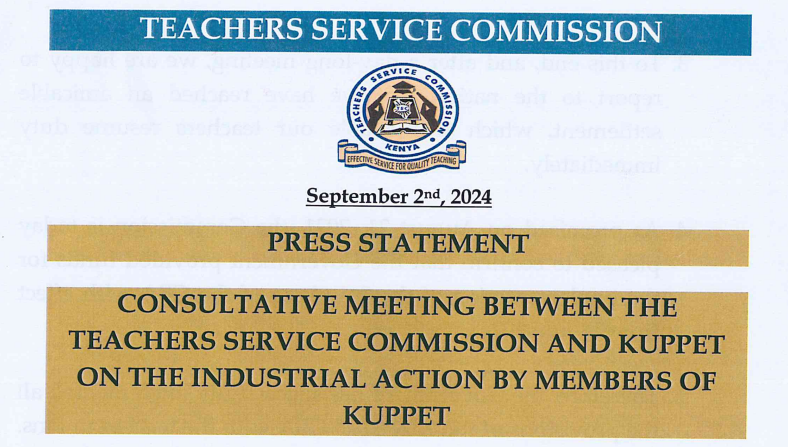 TSC press statement after meeting KUPPET on teachers strike (2/9/2024)