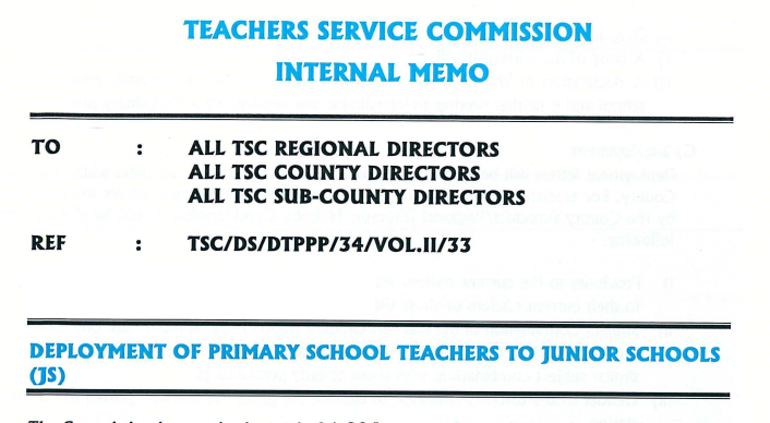 TSC vetting and deployment guidelines for P1 teachers to junior secondary