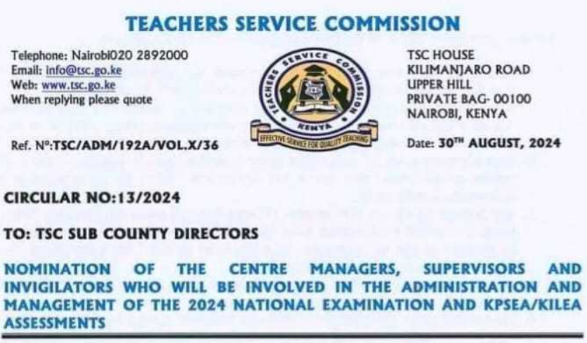 Circular: TSC guide for deploying 2024 KPSEA, KCSE invigilators, supervisors