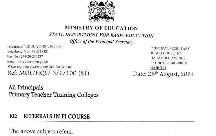 Ministry circular on final referral registration on P1 course by 30th Aug