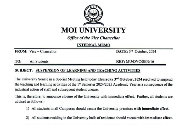 Moi university problems deepen as it suspends learning and teaching activities