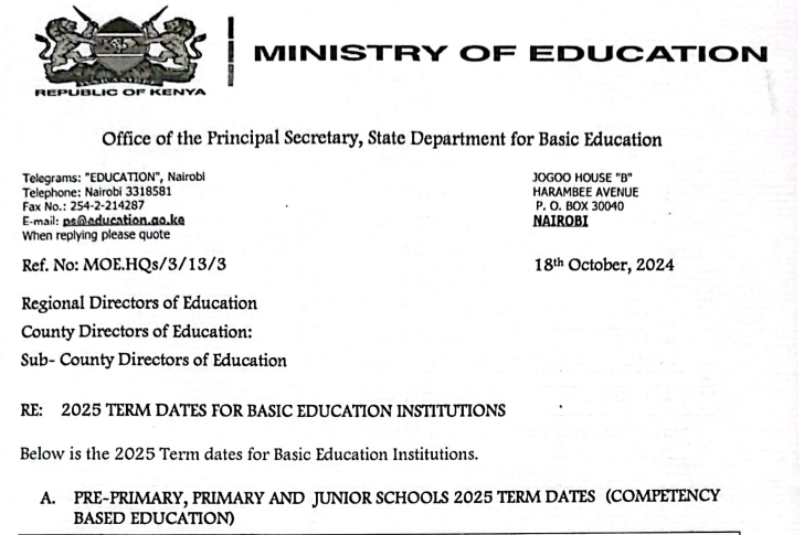 Ministry of Education 2025 school term dates (school calendar)