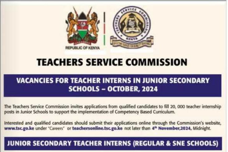 TSC advertises 20,000 junior secondary teaching jobs for 1 year internship