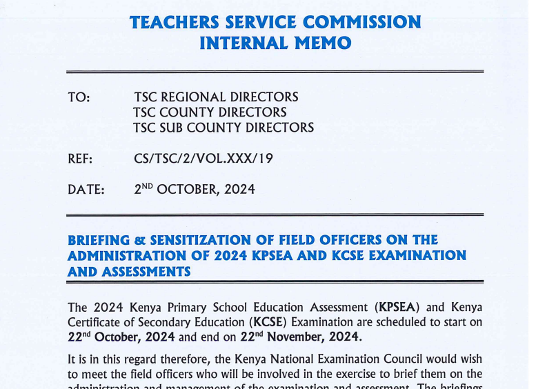 Briefing dates for Supervisors, Centre Managers per subcounty (KCSE & KPSEA)