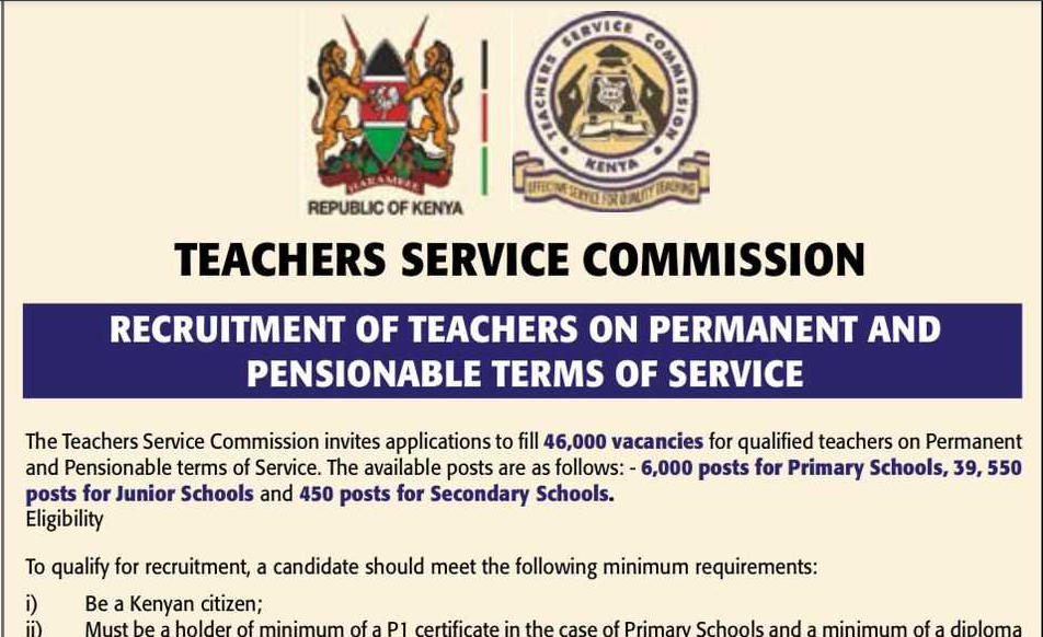 TSC advert for recruitment of 46,000 teachers on pnp by 7th Sep 2024