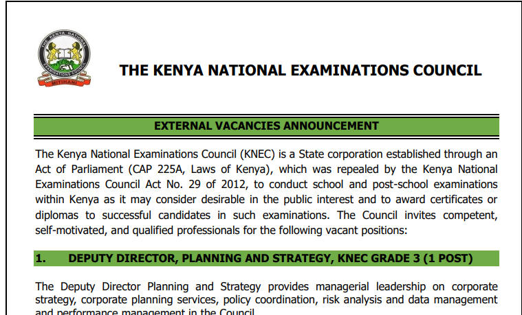 Knec advert for 39 vacancies application by 5th Nov 2024