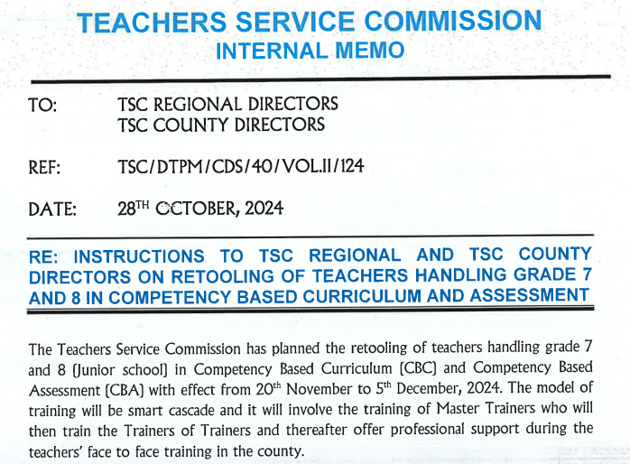 TSC circular on retooling of junior secondary school teachers Dec. 2024