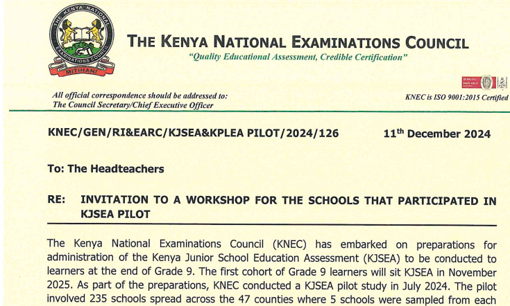 Knec circular on preparation for Grade 9 final KJSEA 2025