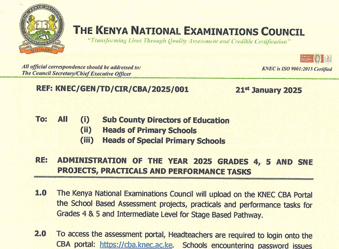 Knec circular guiding 2025 Grade 4 and 5 projects and practicals