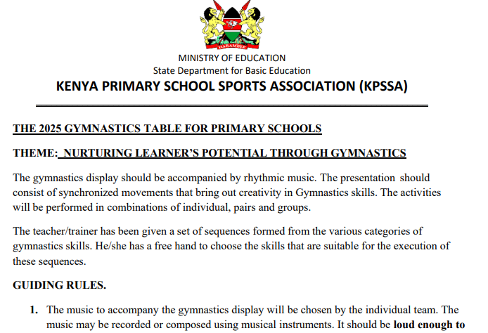 KPSSA 2025 Gymnastics table for primary schools