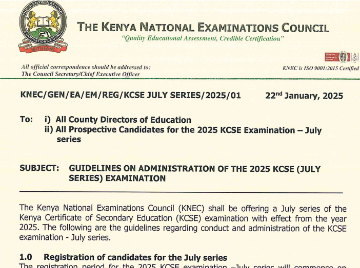 Knec circular guiding registration for July 2025 KCSE exams