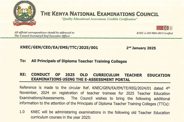 Knec circular on trainee teachers resitting PTE, ECDE, DTE courses in 2025