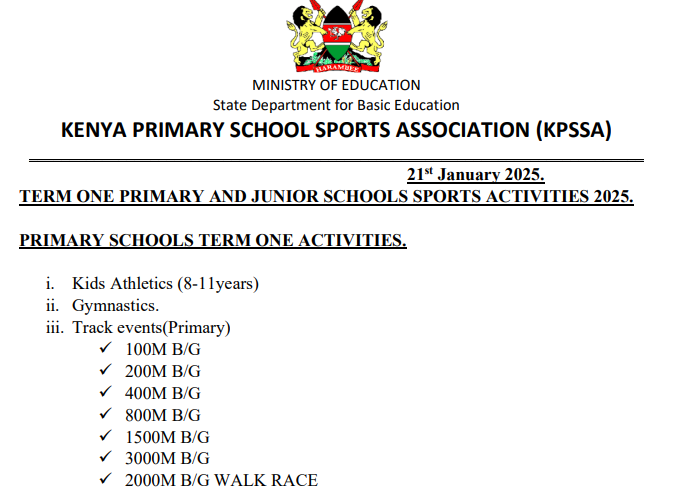 KPSSA Term 1 list of field and track events for primary and junior schools