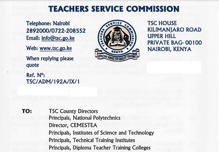 TSC circular to all teachers warning on school absenteeism, class attendance