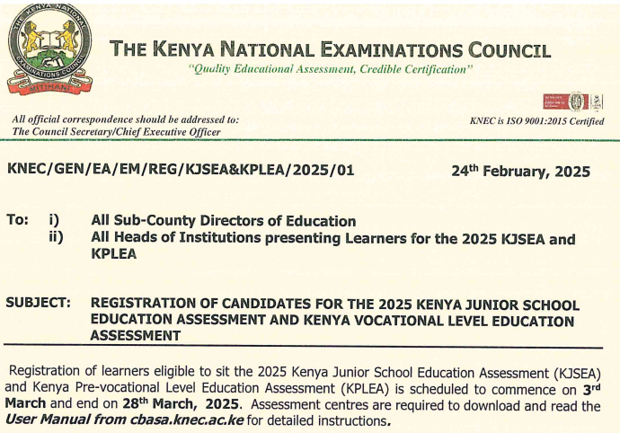 Knec circular: Registration of Grade 9 for KJSEA 2025 by 28th March