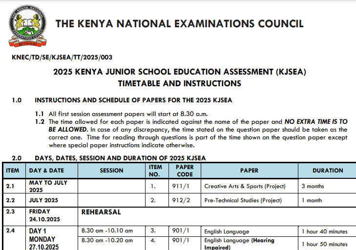 Knec official Grade 9 KJSEA 2025 Timetable (Download in pdf)