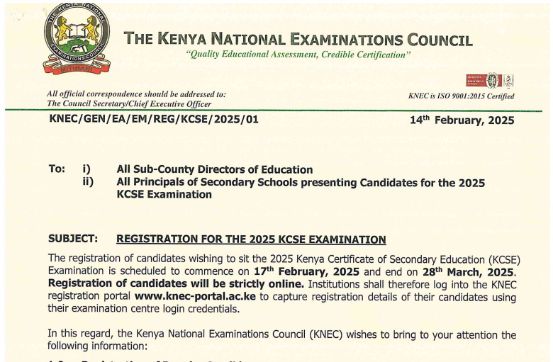 Knec circular kicking off KCSE 2025 candidates registration