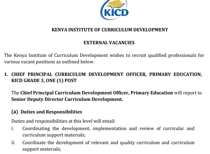 KICD advertises jobs lists requirements deadline 3rd March 2025