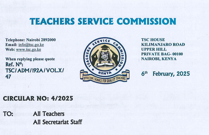 TSC latest circular addressed to all teachers dated 6th Feb 2025