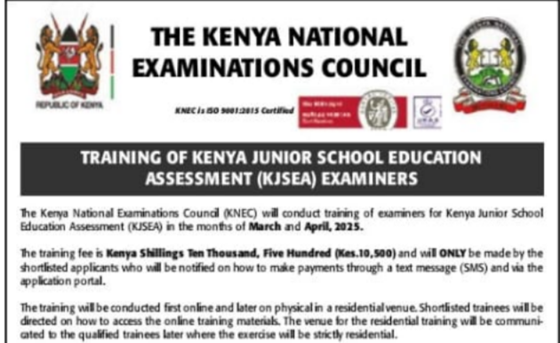 Knec advert for training of teachers to mark KJSEA (March to April)