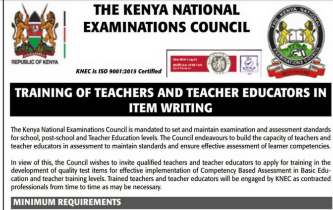 Knec ask teachers to apply for item writing training by 11th April