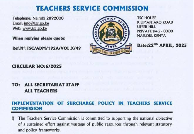 TSC latest circular addressed to all teachers dated 22/4/2025