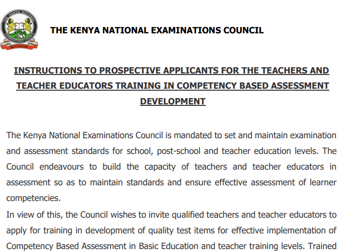 Knec April advert for training teachers on CBC test development