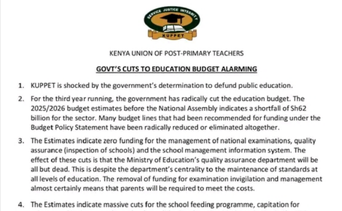 Kuppet statement after slashing of sh 62 billion education budget