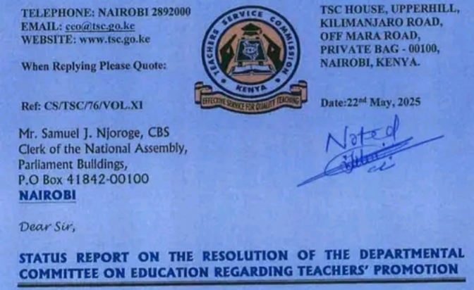 TSC report on resolution of Education Committee on teacher promotions