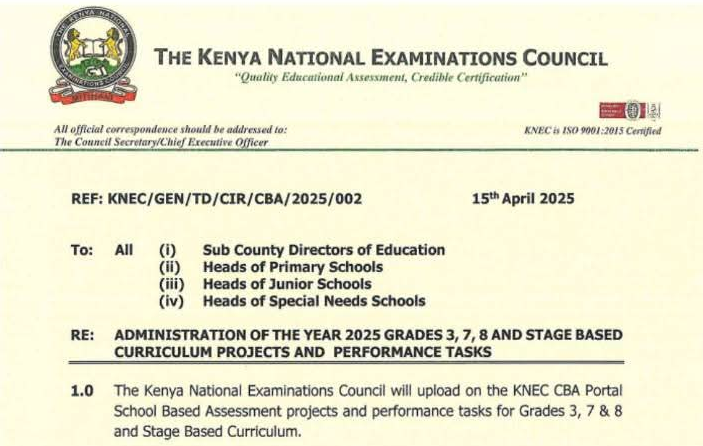 Knec circular on administration of Grade 3, 7 and 8 projects from 5th May
