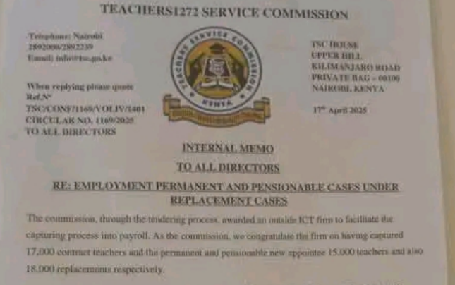 TSC internal memo on posting replacement teachers by 29th May