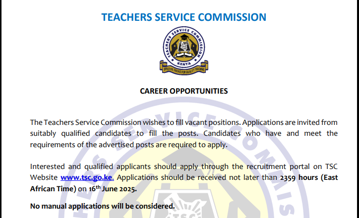 TSC employment advert for various cadres apply by 16th June
